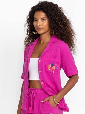 JOHNNY WAS 100% Organic Cotton Embroidered LOVE Boho Button Up Short Sl Top L